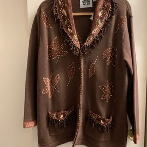 Storybook Knits Chocolate Leaf Embellished Cardigan. Warm and cozy for the day